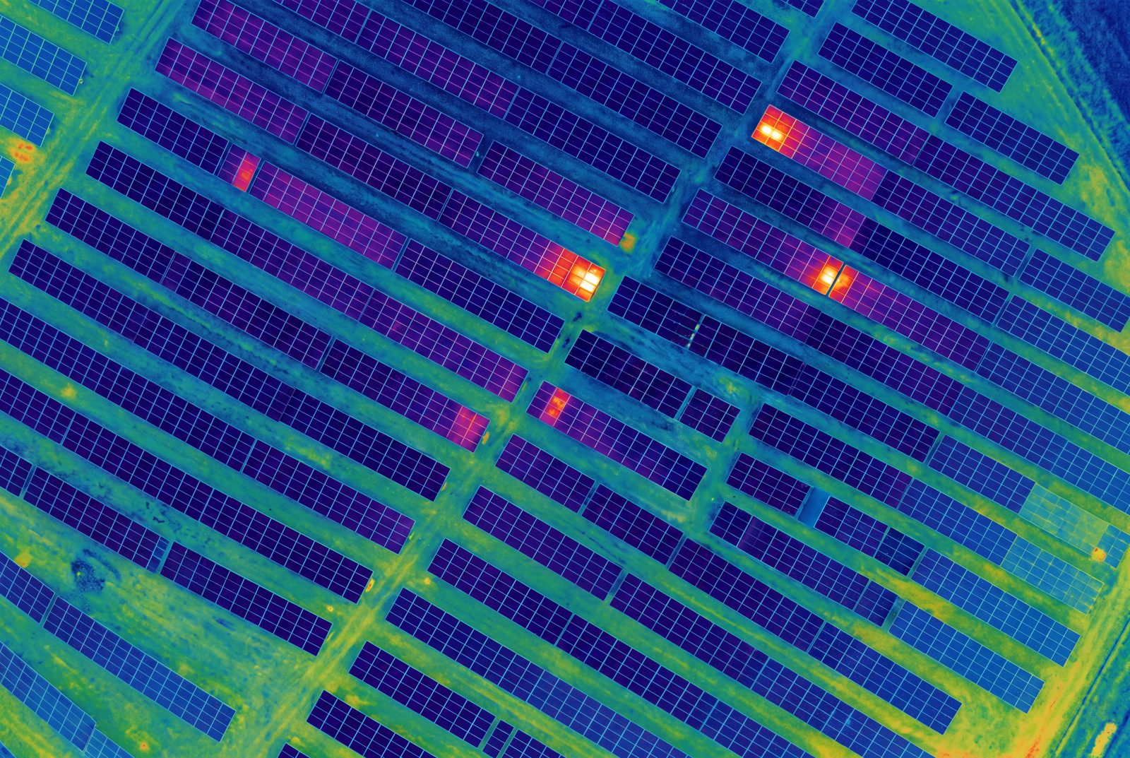 Aerial thermal image of a solar farm with hotspots flagged